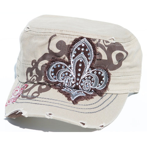 Khaki  cadet hat with pink dragon fly 