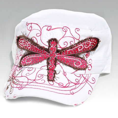 White cadet hat with pink dragon fly 