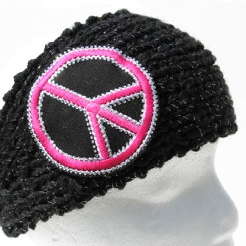 Black knit head wrap with large pink peace sign - mmzone