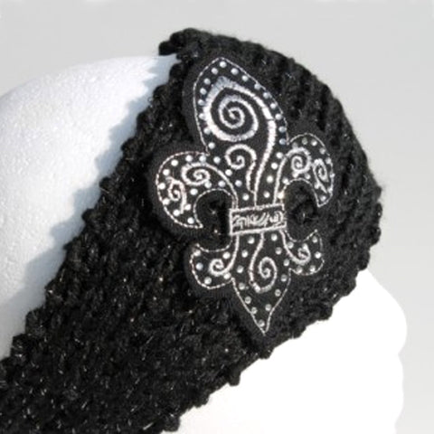 Black knit head wrap with black and silver fleur de lis - mmzone