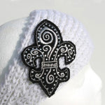 White knit head wrap with black and silver fleur de lis 