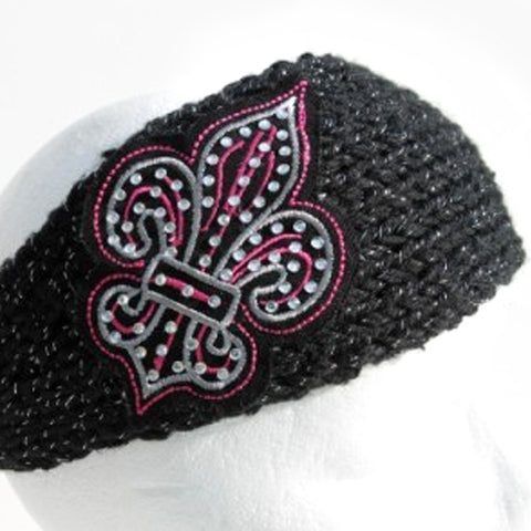 Black knit head wrap with large pink and silver fleur de lis - mmzone