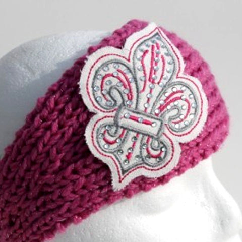 Pink knit head wrap with silver and pink fleur de lis 