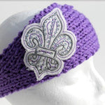 Purple knit head wrap with white and silver Fleur De Lis 
