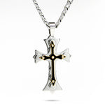 Stainless steel cross w/ black, gold and rhinestones w/ 30' stainless steel chain