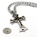 Stainless steel cross w/ black, gold and rhinestones w/ 30' stainless steel chain
