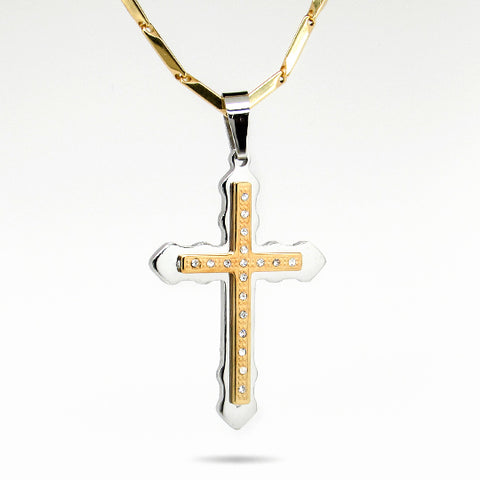 Stainless steel cross two toned with rhinestones w/ 24' gold chain