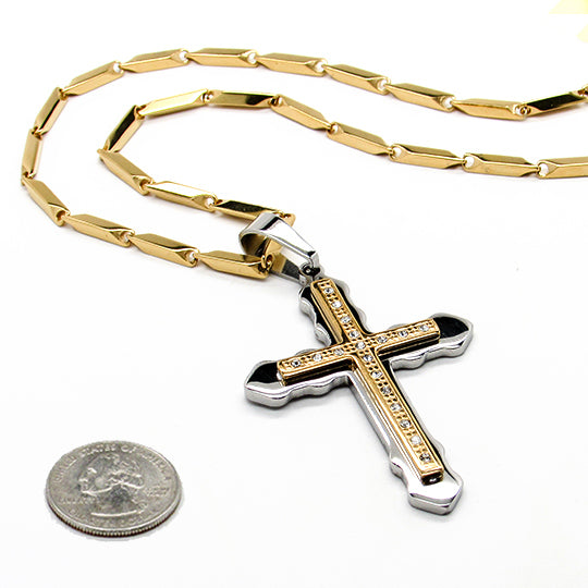 Stainless steel cross two toned with rhinestones w/ 24' gold chain – mmzone