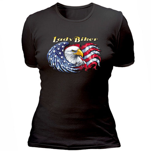 Lady biker with eagle and flag T-shirt