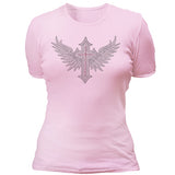 Red rhinestone wing cross T-shirt